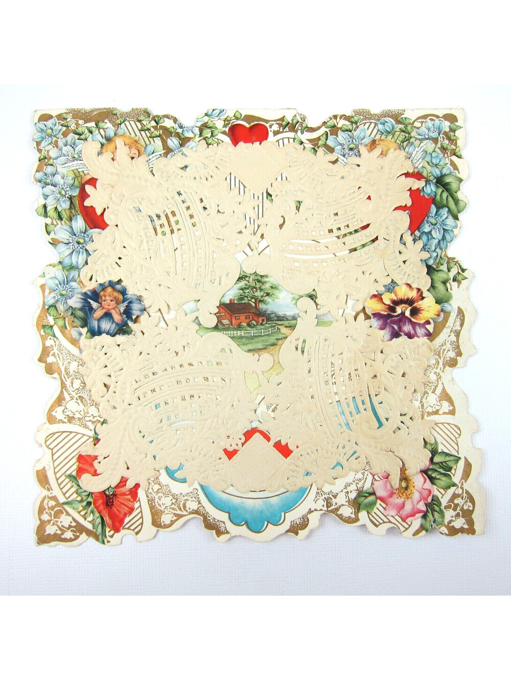 Antique Valentine Die cut Farm House Trees Flowers Cupid Boy Girl Canoe Embossed